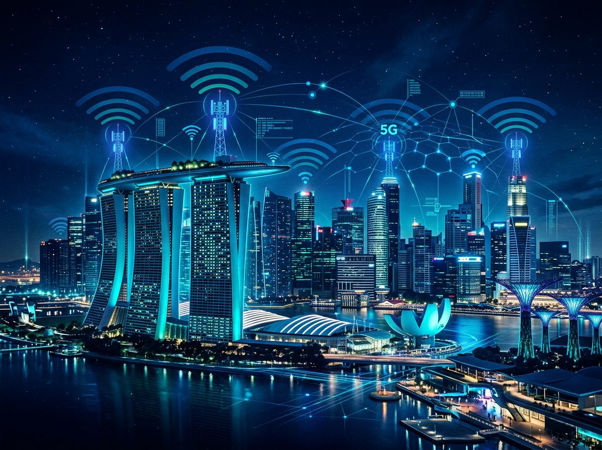 Singapore skyline with 5G signal waves